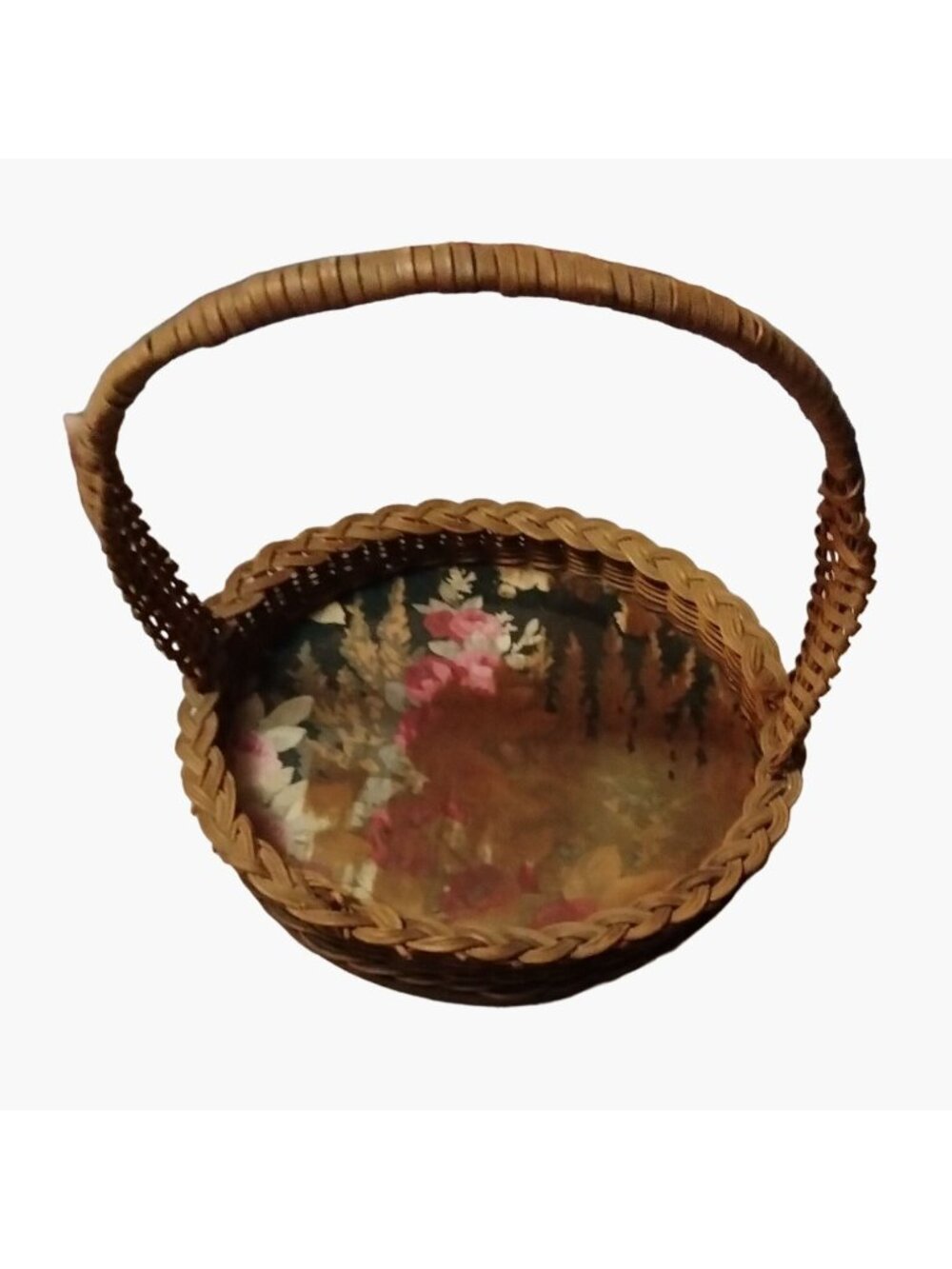 Antique Wicker Basket Asian Fabric Lined Glass Bottom Easter Farmhouse Cottage